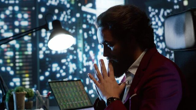 Successful billionaire broker with huge business empire sitting in his luxurious skyscraper office, dangerously forming a respectable reputation. International CEO obtaining huge sums of money.
