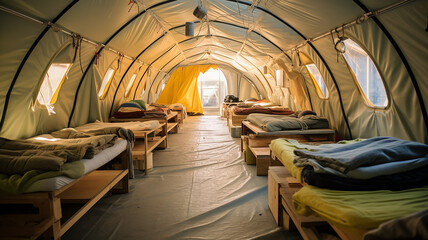 interior of a bedroom, sleeping places in a refugee camp mass accommodation of displaced people, fictional abstract interior - obrazy, fototapety, plakaty