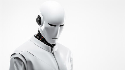 male robot cyborg on a white background, man portrait head, fictional abstract character