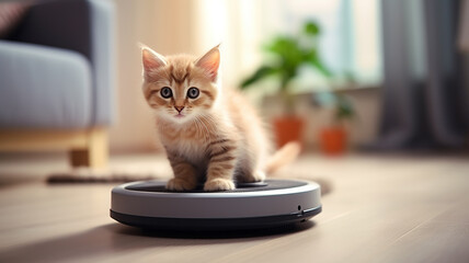 cute cat playing with a robot vacuum cleaner in the interior of the apartment - obrazy, fototapety, plakaty
