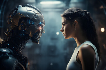 woman vs robot, woman and robot face to face, Ai taking over the industry, The concept of confrontation between humanity and artificial intelligence is depicted by the woman facing an AI, - obrazy, fototapety, plakaty