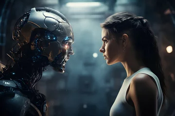 Foto op Canvas woman vs robot, woman and robot face to face, Ai taking over the industry, The concept of confrontation between humanity and artificial intelligence is depicted by the woman facing an AI, © Ash