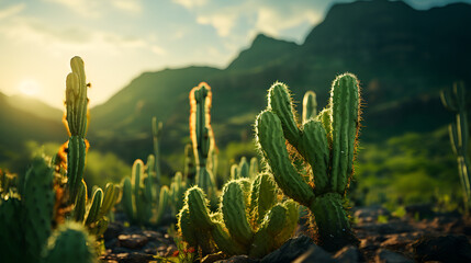 The Serra da Capivara National Park is in Caatinga, the only exclusively Brazilian biome..Piaui - Brazil., Cactus standing in flower pots ( selective focus ), Cactus standing in flower pots ( select

 - obrazy, fototapety, plakaty