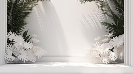 Podium stage pedestal Three Serene Potted Plants Enhancing the Beauty of Three Arched Windows