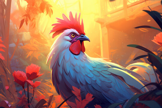 painting style landscape background, a chicken in the forest