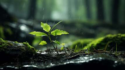 green forest, dew drops and wet rain on young leaves and shoots in the depths of the green forest...