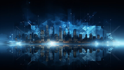 night panorama of an abstract modern city with skyscrapers, flat graphics style triangles simple shapes