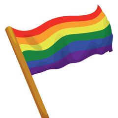 Rainbow flag with bronze flagpole on white background, Vector illustration