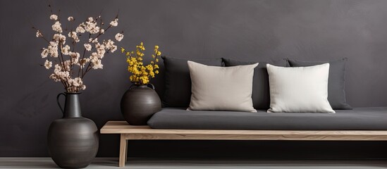 Scandinavian home style with minimalistic decor on rustic coffee table, black sofa with cushions, grey vases, spring flowers on wooden bench in small dark room.