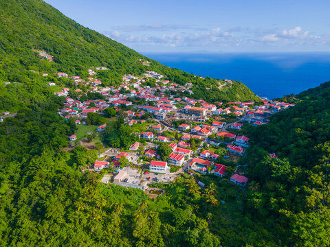 Windwardside historic town center aerial view in Saba, Caribbean Netherlands. 