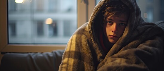 Teen boy in cold apartment tries to stay warm by sitting at window on heating grid covered with blanket.