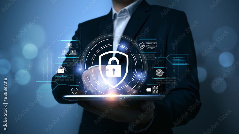 Poster businessman use secure tablet encryption technology, protect business and financial transaction data
