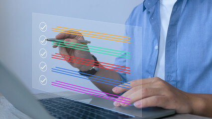 Businessman tick check correct mark to Standardization Quality management with Quality Assurance or...