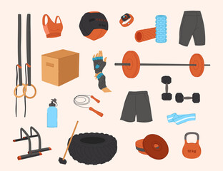 Vector workout objects set. Gym equipment flat design. Collection on sport theme. Ideal for web design, stickers, sport guide and tutorials