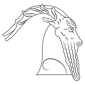 illustration of Head of a goat in profile. Ancient Greek ethnic animal design. Vase painting style. Black and white linear silhouette.an eagle