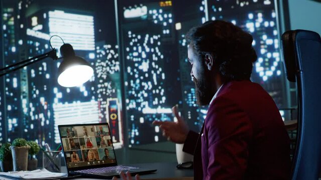 Stakeholders and president of company gather via video link to go over business expenditures and funds, update session in different time zones. Senior manager and collaborators offer their views.