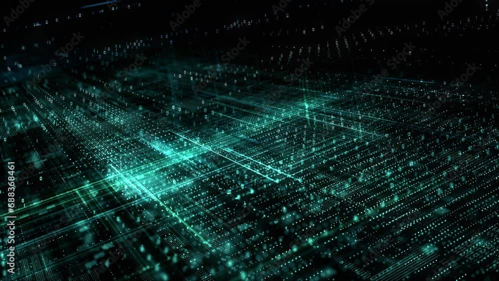 Poster technology digital cyberspace with particles and blockchain network connections. high speed internet