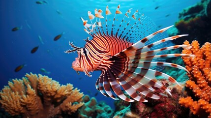Naklejka na ściany i meble A stunning lionfish at a coral reef