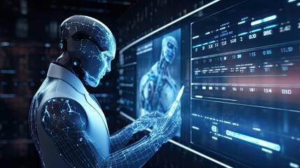 AI humanoid robot holding a virtual hologram screen - obrazy, fototapety, plakaty