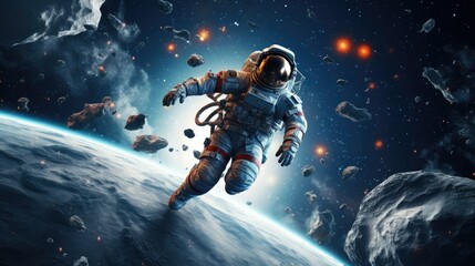 Astronauts exploring outer space doing spacewalks. 3D - Powered by Adobe