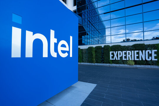 Santa Clara, CA, USA - Nov 22, 2023: Intel logo is seen at Intel Corporation's headquarters in Santa Clara, California. Intel is one of the world's largest semiconductor chip manufacturers by revenue.