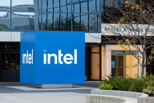 Santa Clara, CA, USA - Nov 22, 2023: Intel logo is seen in front of the Robert Noyce Building at Intel Corporation's headquarters in Santa Clara, California, United States of America.