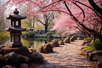 Naklejka premium A serene Japanese cherry blossom garden with a tranquil pond and stone lanterns.