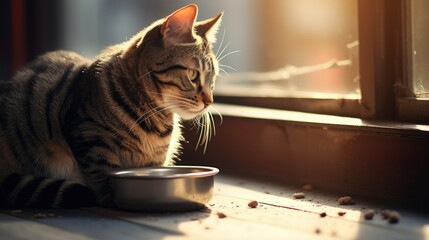 Beautiful tabby cat sitting next to a food bowl placed - obrazy, fototapety, plakaty