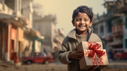 Indian kid with big giftbox is looking to the camera dusty street on background. Christmas support. Give and share kindness.