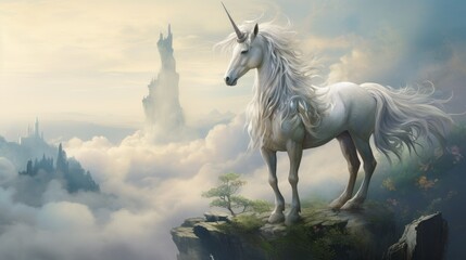 Beautiful white unicorn appears on the top of a cliff