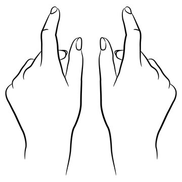 Two beautiful female hands in elegant gesture with pointing index fingers. Show size or distance between. Black and white linear silhouette. Cartoon style.