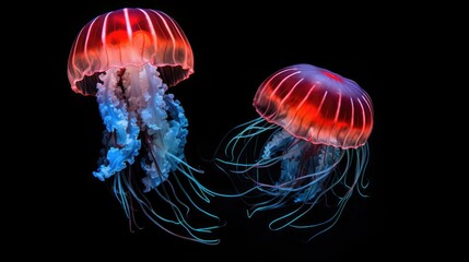 Bioluminescent red jellyfish glow in the darkness