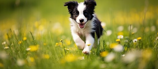 Young border collie puppy playing in green meadow - obrazy, fototapety, plakaty