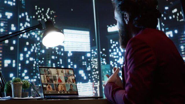 Shareholders and CEO meet on videocall to talk about company budget and finances, briefing meeting in different time zones. Executive director and partners or investors share impressions online.