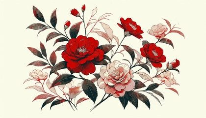 Vintage floral background with red camellia flowers and leaves. - obrazy, fototapety, plakaty