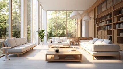 Clean interior open space with furniture and daylight.
