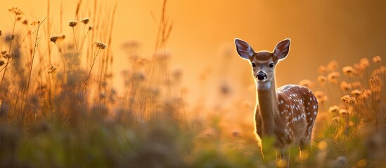 Sunrise backlit image of a whitetail fawn in an open field. - obrazy, fototapety, plakaty