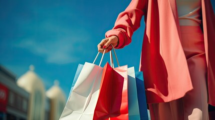 Fototapeta na wymiar Closeup Woman holding sales shopping bags.