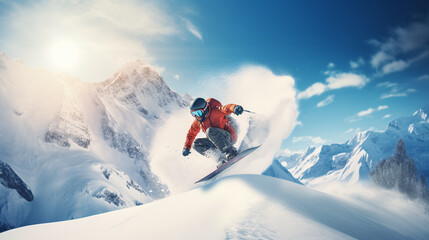 Snowboarder is jumping with snowboard from snowhill. Extreme sport. - obrazy, fototapety, plakaty