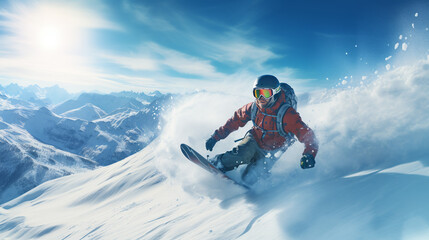 Fototapeta na wymiar Snowboarder is jumping with snowboard from snowhill. Extreme sport.