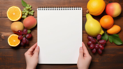 Top view of hand with blank notebook surrounding with fruits.