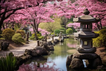 Fototapeta na wymiar A serene Japanese cherry blossom garden with a tranquil pond and stone lanterns.