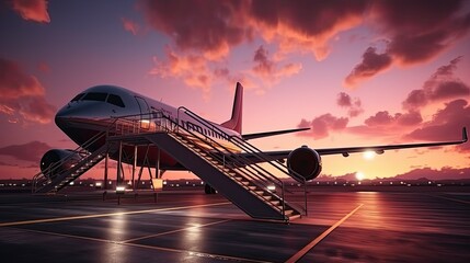 Evening sunset view of the nose of the plane stairs - obrazy, fototapety, plakaty