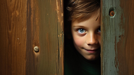 Boy peeking behind the door.