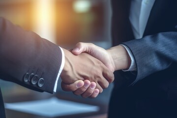 Close up of business people shaking hands in office. Success and teamwork concept.

 Generative AI