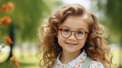 Portrait of cute and smiling little girl at the garden.
