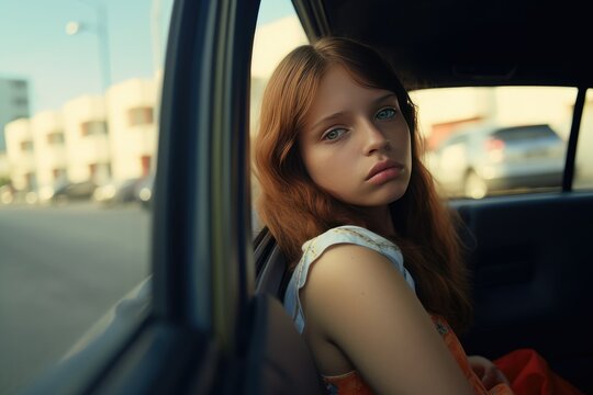 Beautiful young woman in the car looking out the window at sunset.

 Generative AI