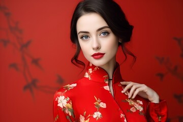 Young American beauty woman wearing cheongsam, one color background, copy space. generative ai
