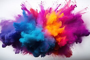 background white powder color rainbow Explosion holi colours colourful fume toxic splash closeup isolated wallpaper blooming explode dust nobody chemical massa red cutout - obrazy, fototapety, plakaty