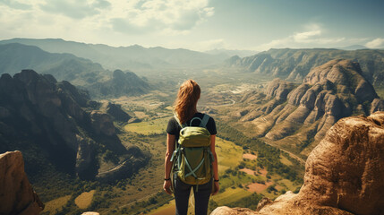 View from behind of a female hiker with a backpack looking at a beautiful view of high mountains under clear sky. - obrazy, fototapety, plakaty